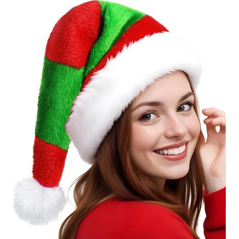 Bonnet de lutin de Noël pour adulte - Bonnets de lutin en peluche rouge et verte, couvre-chef festif unisexe pour Noël, le Nouvel An et les fêtes de fin d'année, accessoires de déguisement pour adulte (1/5)