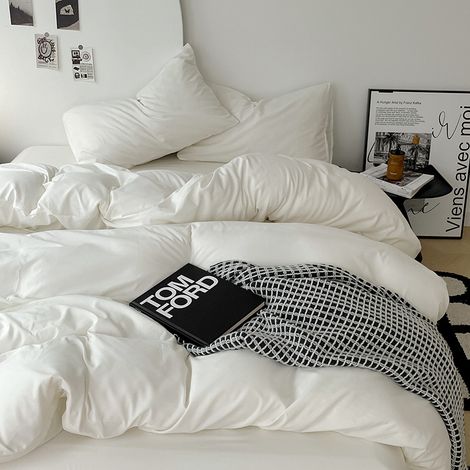 4-teiliges Bettwäsche-Set aus gewaschener Baumwolle, ultra-weich – Bettbezug 200x230 cm, Bettlaken 180x290 cm, Kissenbezüge und Spannbettlaken – Einfarbiges milchweißes Bettwäscheset für Studenten-lsw