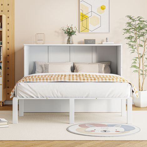 Lit mural escamotable 140x200 cm, lit pliant vertical à lattes, lit rabattable blanc, couchage enfant, lit escamotable à lattes pour chambre. (1/5)