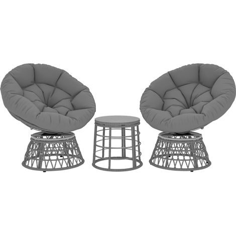 Ensemble salon de jardin 3 pièces avec 2 fauteuils papasan pivotant et 1 tables basse ronde polyester résine tressée (1/3)