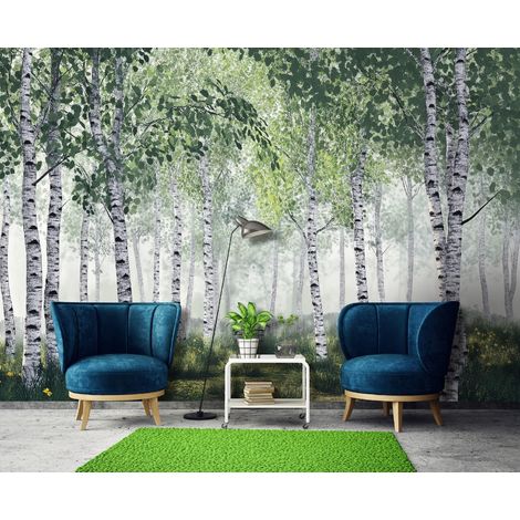 Fototapete Birkenwald Bäume Natur 3D-Optik, für Wohnzimmer und Schlafzimmer, 300 x 210 cm – Komplettset inkl. Kleister & Anleitung (1/5)
