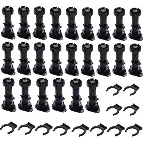 24 Pièces Pieds D'Armoire Plastique, Pied de Meuble, Pied Réglable pour Meuble, Noir Pieds de Meuble Plastique avec Clip Fixation Base pour Meubles de Cuisine, Armoire et Canapé  (60mm-8mm) (1/5)