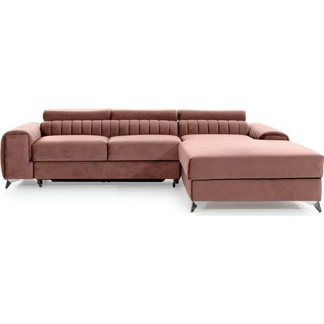 Canapé d’angle convertible GRENKY en velours avec coffre et têtières réglables – 278cm angle droit-Rose soft-angle droit (1/5)