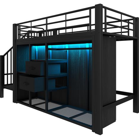 Cama alta media 90 x 200 cm con 2 cajones, armario abierto, LED multicolor, negro (1/5)