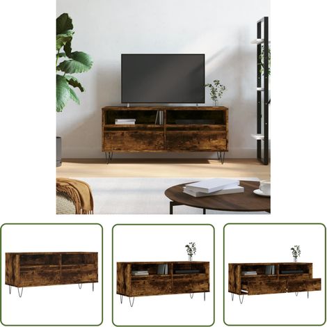 The Living Store Meuble TV chêne fumé 100x34,5x44,5 cm bois d'ingénierie - Meubles Tv - Meuble Tv - Bureau Tv - Étagère Murale - Rangement Salon (1/5)