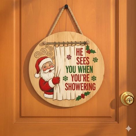 Panneau Porte Noël - Santa Surveillance Squad - Bois Naturel - Décor Extérieur Porte d'Entrée - 30 cm - 1 Pièce (1/2)