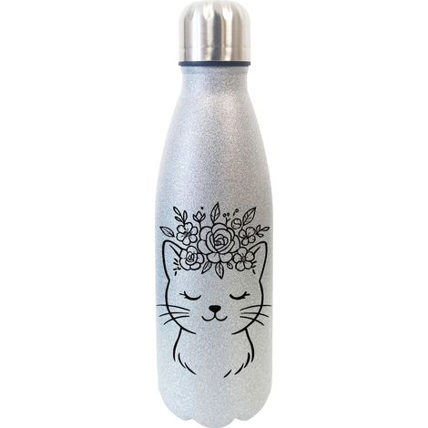 Bouteille chat avec couronne de fleurs à paillettes (1/2)