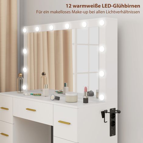 Coiffeuse avec miroir et 12 lumières LED, table de maquillage à 7 tiroirs et 6 compartiments cachés, panneau de particules blanc (1/5)
