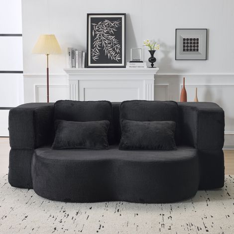 Grand canapé de sol noir moderne avec 4 coussins décoratifs, canapé confortable en flanelle, matelas pliant en mousse haute densité, idéal pour le salon, la chambre d'amis ou la chambre à coucher, auc (1/4)