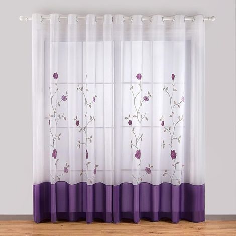 1 Pièce Rideaux à Oeillets Voilages Broderie Floral pour Chambre Cuisine Salon, 140cmx145cm, Violet-Ensoleillé (1/5)