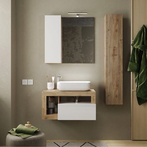 Ensemble meuble vasque 78 cm et colonne suspendus blanc et aspect bois Cadiz - ARTURO (1/5)
