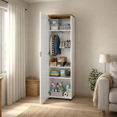 Armario Multiusos 1 Puerta Tani, Perchero, 5 Estantes Hecho en Italia, Una puerta, 60x190h cm Blanco Brillante (1/4)