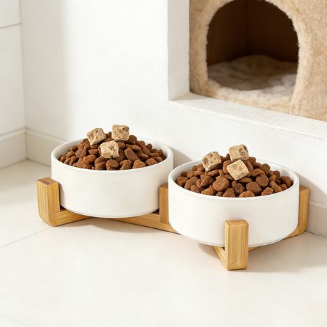 Ceramic Dog Bowls, Dual Food and Water with Stand  850ml Bamboo Stand, Non-Slip Base for Puppies Cats (1/5)