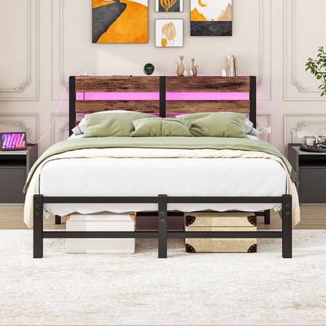 Lit avec éclairage LED intégré et station USB, cadre métallique 120x200 cm, sommier sans matelas, espace de rangement sous couchage