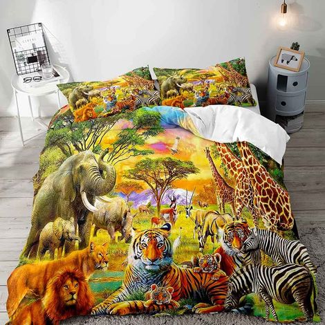 Parure de lit 2 pièces avec housse de couette et 1 taie d'oreiller Literie pour garçons et enfants Motif animaux sauvages du zoo, de la jungle, du tigre, du lion, de l'éléphant, du zèbre, (1/5)