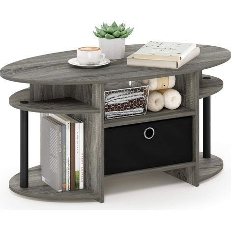 Simple Design Oval Coffee Table with Bin, French Oak Black, Engineered Wood, Chêne français/Noir/Noir, Lot de 1 (1/5)