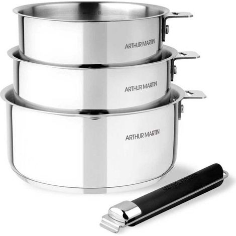 Set de 3 cacerolas - ARTHUR MARTIN - 16-18-20 cm - Acero Inoxidable - Todos los fuegos, incluida inducción - mango desmontable (1/5)