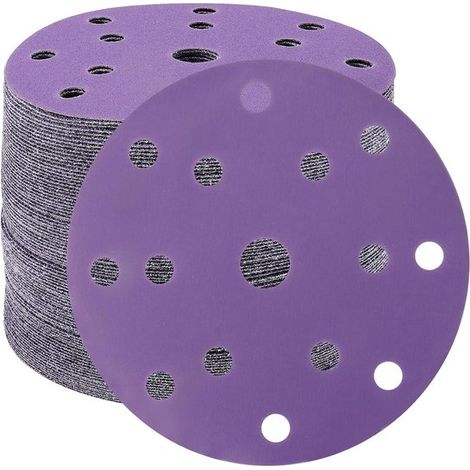 Discos de lijado de 150 mm, papel de lija de grano 400, 50 unidades, discos de lijado de 15 agujeros para lijadora orbital (morado) (1/2)