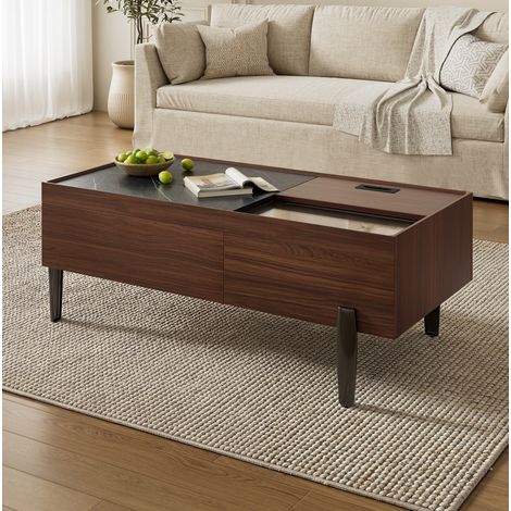 Tavolino da salotto 105x50x41,5 cm con piano in vetro, 2 cassetti, vano portaoggetti e gambe in metallo, marrone scuro (1/5)