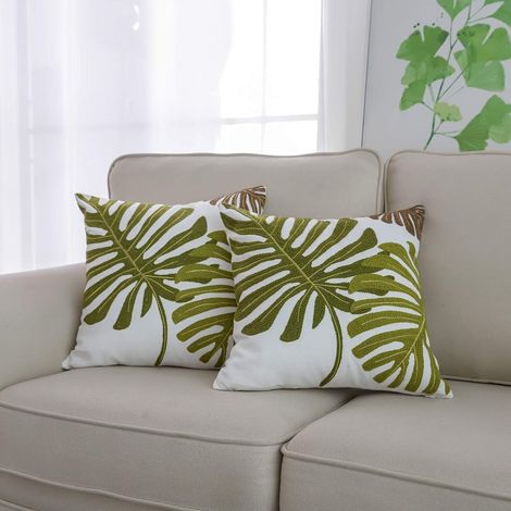 Lot de 2 taies d'oreiller décoratives 45 x 45 cm, motif feuilles tropicales vertes, brodées et imprimées, style naturel, pour canapé ou chambre à coucher. (1/3)