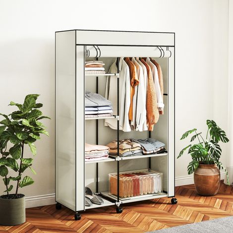 Armoire penderie en tissu meuble de rangement 6 roulettes tringle à vêtements et étagères ouvertes 103x43x162.5cm crème
