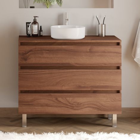 Meuble de salle de bain 100cm avec plateau et vasque à poser ronde - 3 tiroirs - sans miroir - noyer (bois foncé) - MAYOR