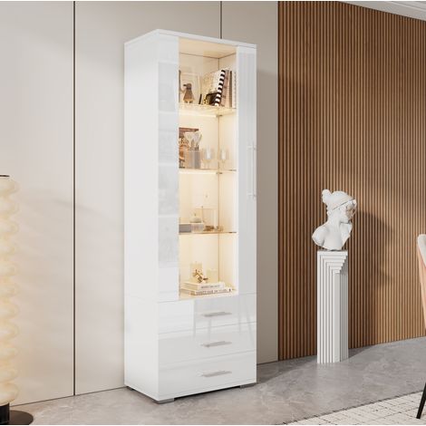Vitrine mit LED-Beleuchtung, 60 x 35 x 180 cm, mit 3 Schubladen, Weiß HAVRYA (1/5)