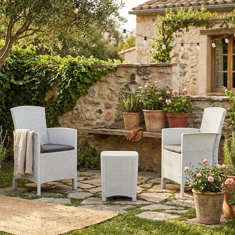 Dmora - Conjunto de salón exterior Dfre, Conjunto de jardín con cojines, Conjunto de salón interior efecto ratán, 100% Made in Italy, Blanco (1/5)