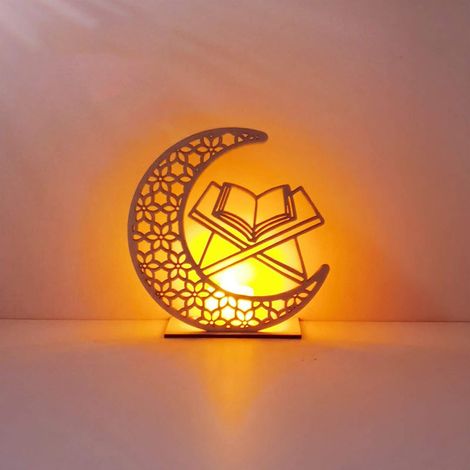 Lampe LED En Bois - Veilleuse Lune Étoiles 3D - Décoration Murale Table Pour Ramadan Eid Al-Fitr - 1 Pièce (1/4)
