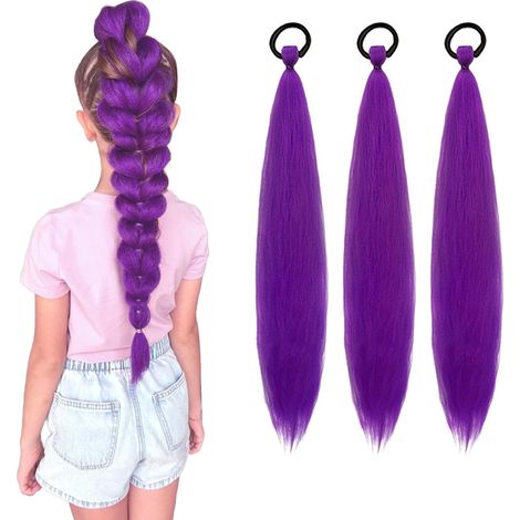 Lila Kunsthaarverlängerungen – 3er-Pack – 60 cm – Weiche Fasern – Elastische Flechtverlängerung – Halloween/Karneval-Cosplay (1/5)