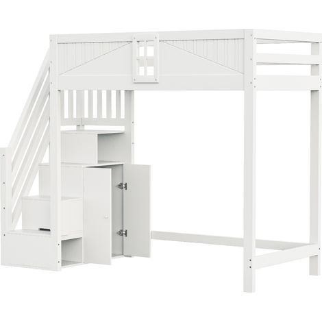Cama alta 90 x 200 cm blanca con escalera reversible y ventana de seguridad (1/5)