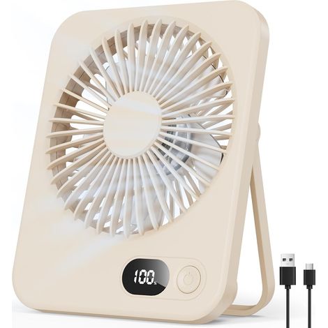 Ventilateur de Bureau Mini - 1000mAh Rechargeable, Écran LED, 5 Vitesses, Autonomie 3-8h - Pour Bureau, Chambre, Maison, Camping（Beige） (1/5)