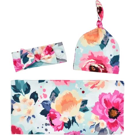 3 pièces Couverture d'emmaillotage, bonnet fœtal, bandeau pour cheveux, imprimé élastique, pour nouveau-né 0-12 mois (1/5)