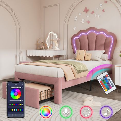 Lit Enfant 90x190 avec Tiroirs, LED APP, Tête Réglable et Sommier - Velours Rose (sans Matelas) (1/5)