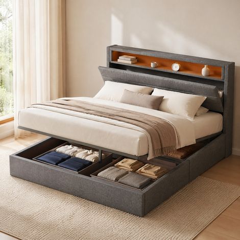 Cama tapizada gris 140x200 cm con almacenaje hidráulico, USB, LED y somier de láminas (1/5)
