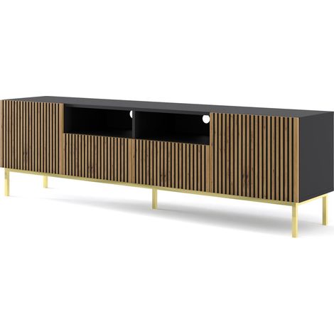 Meuble TV meuble Hi-fi sur pied couleur Chêne artisan 200x42x58cm RAVI F PEINT 2D2S Pied Cadré or (1/2)
