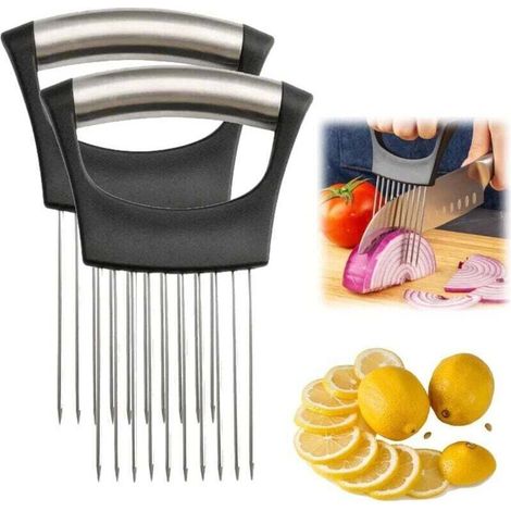 UlisemSupport à tranches d'oignon en acier inoxydable, nouveau support à oignon pour trancher, coupe-citron, coupe-légumes, hachoir, outil d'aide au tranchage pour pommes de terre, tomates, oignons (2 (1/4)