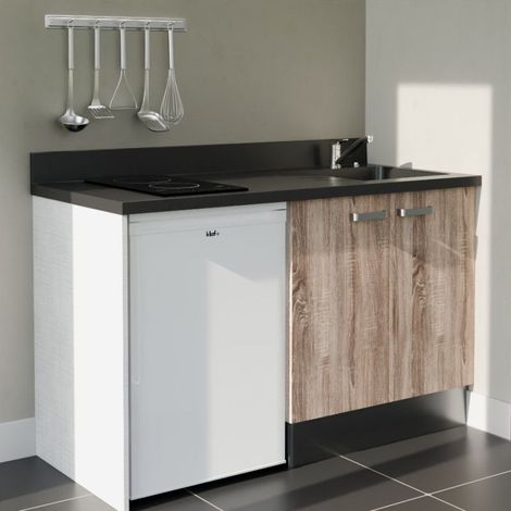 Kitchenette K17L - 140 cm - plan monobloc évier intégré Nero- évier à droite - Façades Bois + Electroménager inclus coloris Blanc