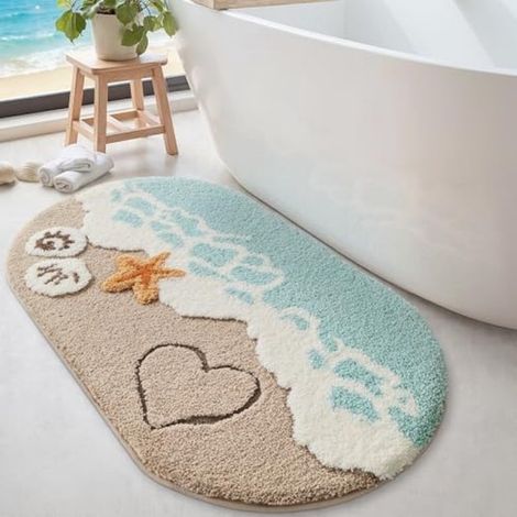 Ovale Badematte – weich, saugfähig und sicher mit rutschfester Unterseite – Strandmotiv (1/5)