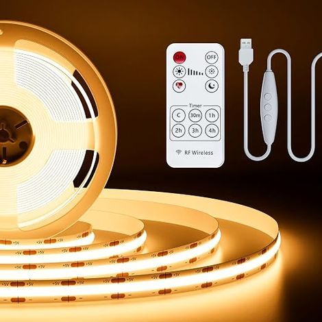 Bande LED COB Blanc chaud 2700K USB5V télécommande RF 640LEDs/2M Dimmable Strip Lights Kit d'éclairage LED flexible armoires cuisine Chambre TV Rétroéclairage Éclairage (1/5)