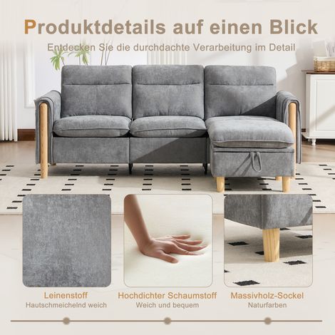 Canapé d'angle 3 places nordique avec pouf coffre, tissu gris chenille, rangements latéraux et pieds bois, parfait pour petit salon ou espace moderne. (1/5)