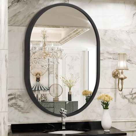 Miroir ovale avec cadre en métal noir pour mur 40 x 30 cm Petit miroir décoratif en alliage d'aluminium pour salle de bain, salon, chambre à coucher, entrée, couloir, suspension horizontale ou (1/5)