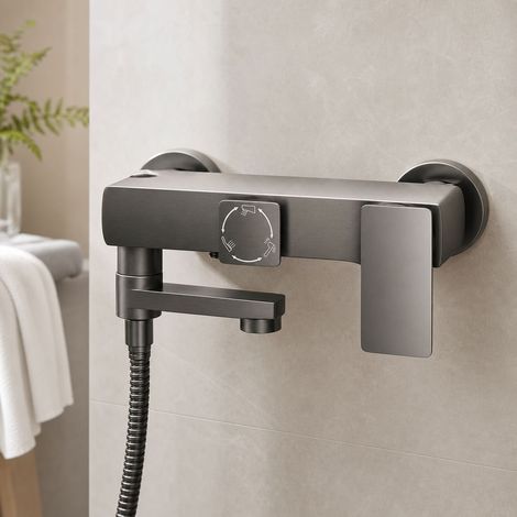 Ensemble douche mitigeur pliable 3 fonctions, laiton massif gris foncé, pommeau + douchette + bec, gain de place, kit complet (1/5)
