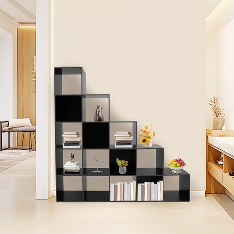Étagère de rangement cubique noire en forme de L - 15 cubes - Étagère d'escalier - Pour la maison, le bureau, le salon, le bureau - 146 x 28 x 146 cm (1/5)