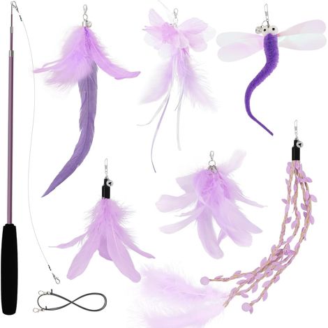 Jouet interactif pour chat avec plumes – Canne à pêche stable avec plumes – Lot de 6 baguettes magiques pour chat – Pendentif avec cloches – Violet (1/5)