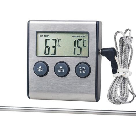 Thermomètre, horloge et minuteur numériques LED pour la cuisson des aliments, de la viande et du fumoir, avec sonde en acier inoxydable. Four de cuisine, barbecue et grill.-AquaForge (1/4)
