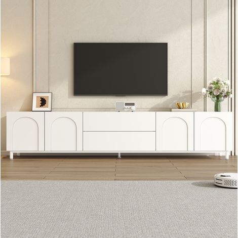 Meuble TV blanc de 180 cm avec 4 portes et 2 tiroirs, MDF et aggloméré, pieds en acier (1/5)