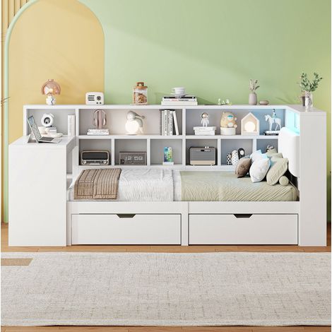 Letto a piattaforma angolare L 90x200 cm con scrivania, libreria, testiera imbottita LED, MDF e compensato, bianco (1/5)
