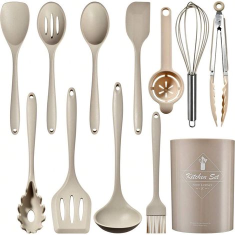 Ensemble de 15 pièces de batterie de cuisine antiadhésive en silicone , couleur kaki. (1/3)
