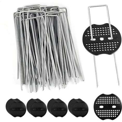 Lot de 40 piquets en toile anti-mauvaises herbes stables – 40 piquets d'ancrage en forme de U (150 x 40 mm, diamètre 3 mm) + 40 disques tampons, crochets en toile anti-mauvaises herbes pour (1/5)